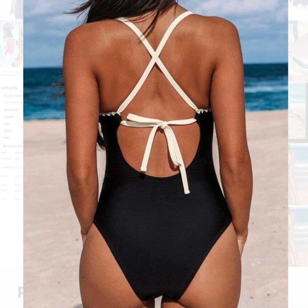 Cupshe Women Black Scallop Shell Stiched Trim One Piece Swimsuit Ruched M NWT - Picture 6 of 12